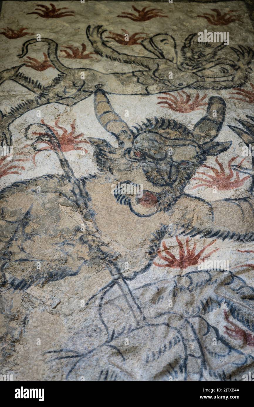 wall paintings of hell and the devil, Romanesque church, Mont village, Louron valley, Occitanie, Pyrenean mountain range, France. Stock Photo
