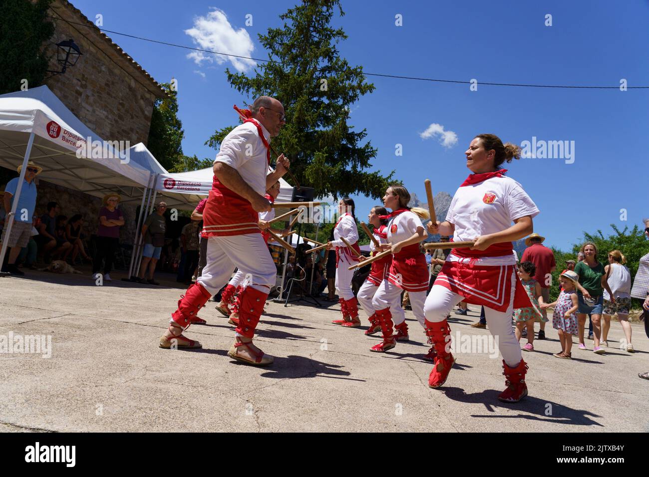 stick dance, -ball de bastons-, Maçaners, Bergueda, Catalonia, Pyrenean mountain range, Spain. Stock Photo
