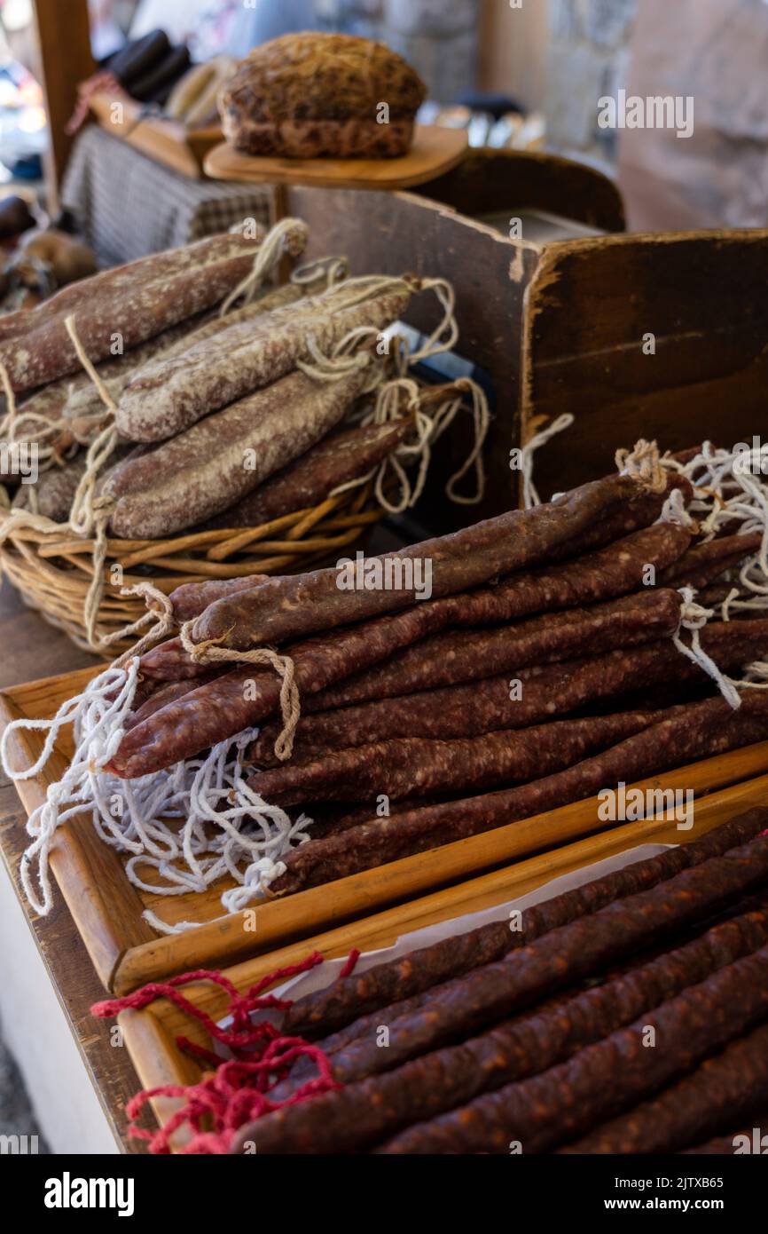 typical Catalan sausages, Maçaners, Bergueda, Catalonia, Pyrenean mountain range, Spain. Stock Photo