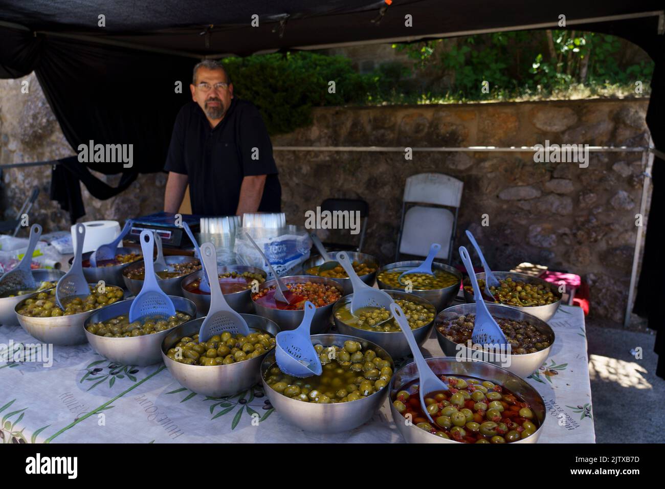 stuffed olives in brine, Maçaners, Bergueda, Catalonia, Pyrenean mountain range, Spain. Stock Photo