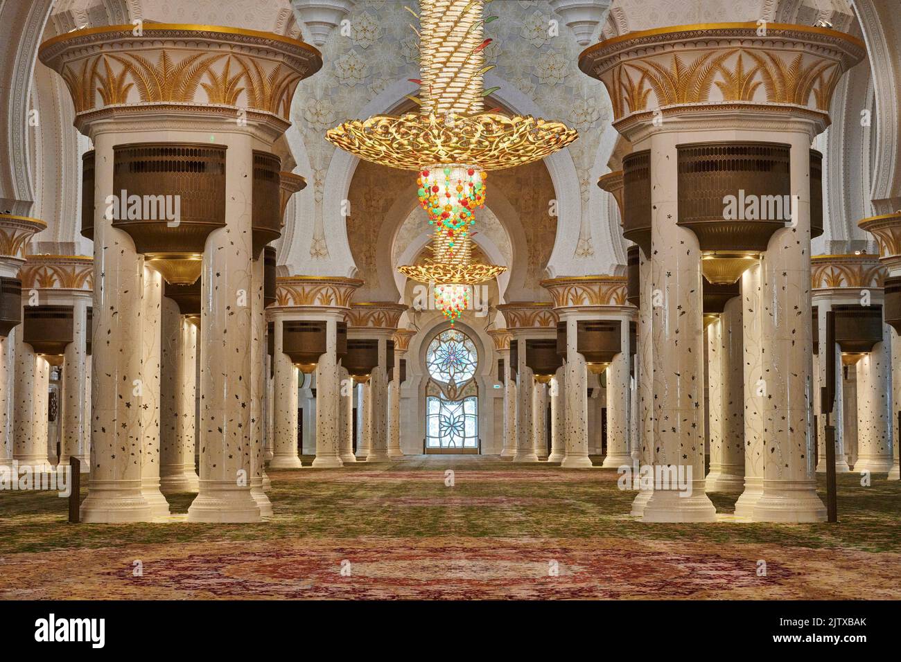 The main prayer room at Sheikh Zayed Mosque. Stock Photo