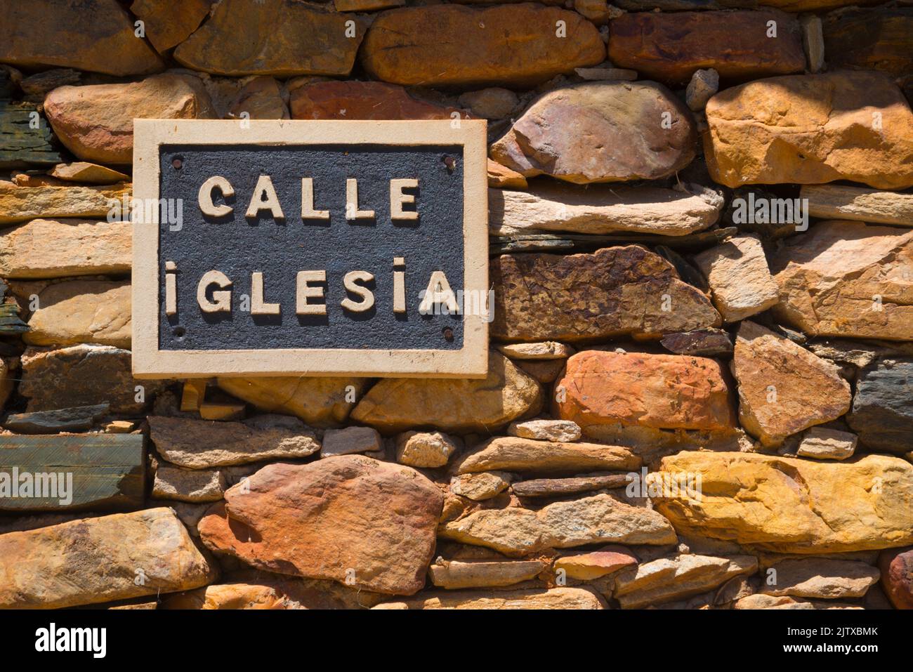 Calle Iglesia plaque. Martin Muñoz de Ayllon, Segovia province, Castilla Leon, Spain. Stock Photo