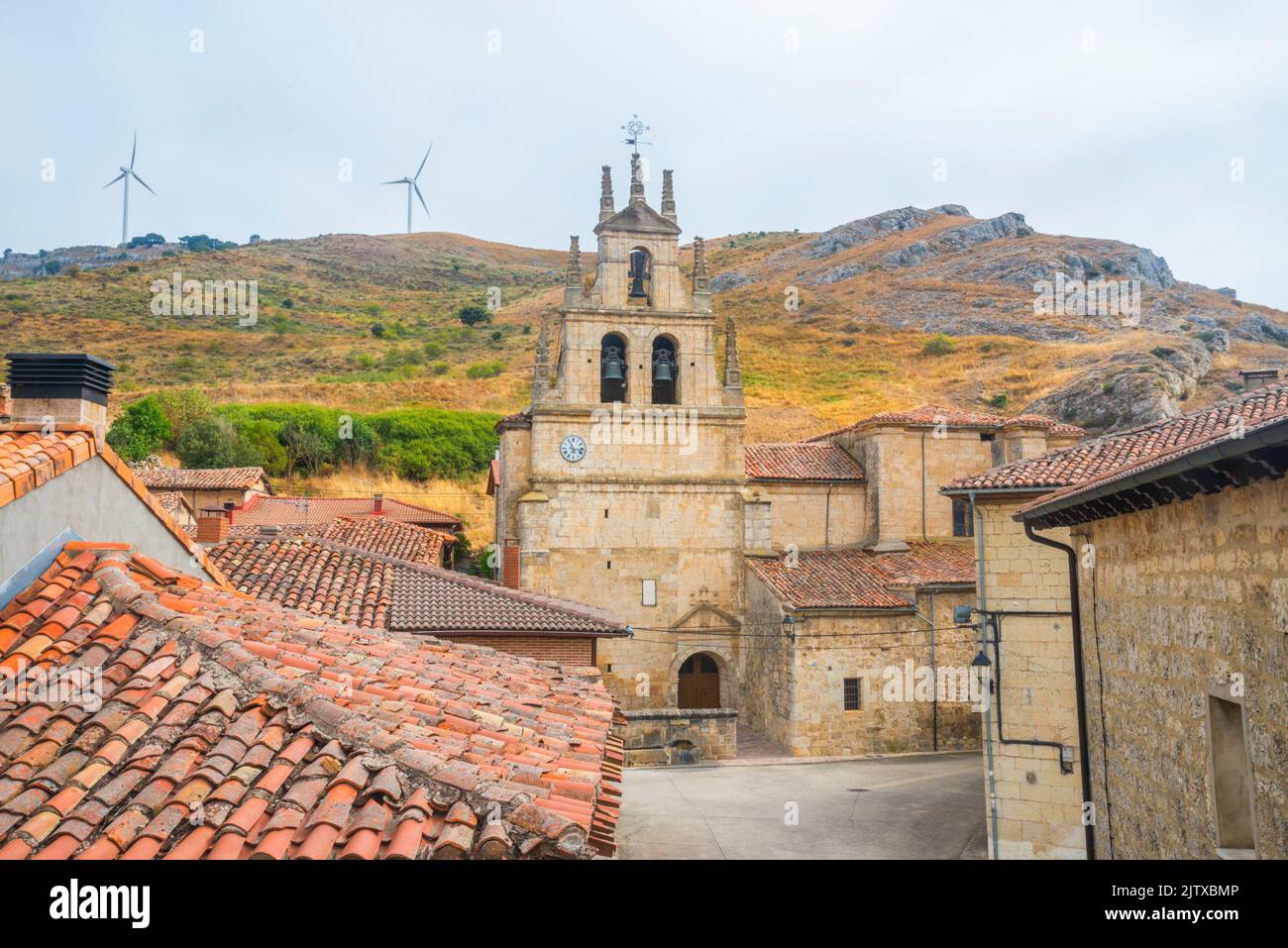Village and church. Monasterio de Rodilla, Burgos province, Castilla Leon, Spain. Stock Photo