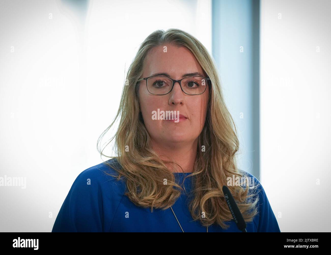 Potsdam, Germany. 01st Sep, 2022. Katharina Dröge, parliamentary group  leader of Bündnis 90Die Grünen in the Bundestag, waits for questions from  journalists during a press conference at the end of the Greens