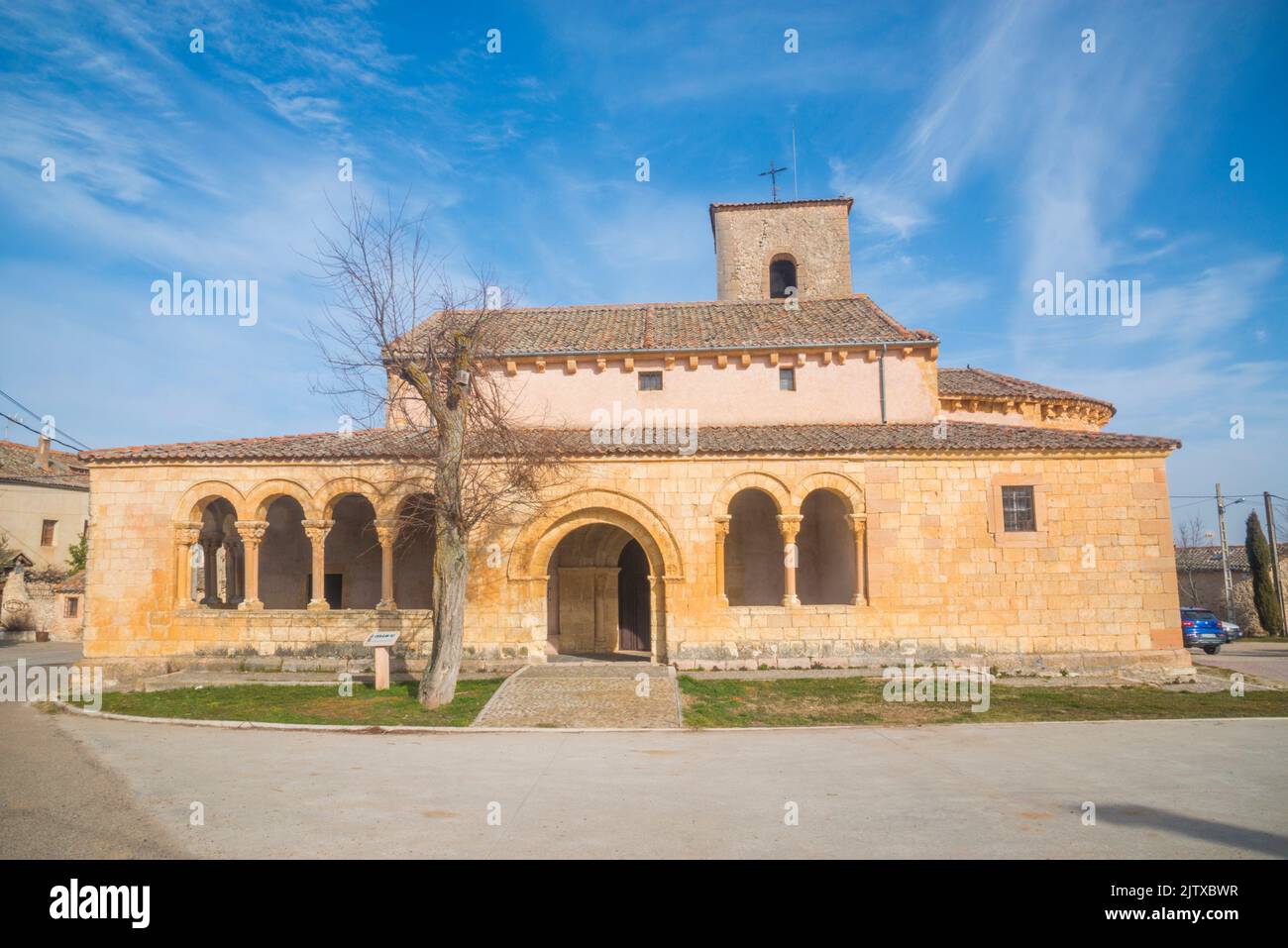 Facade of San Pedro Advincula church. Perorrubio, Segovia province, Castilla Leon, Spain. Stock Photo