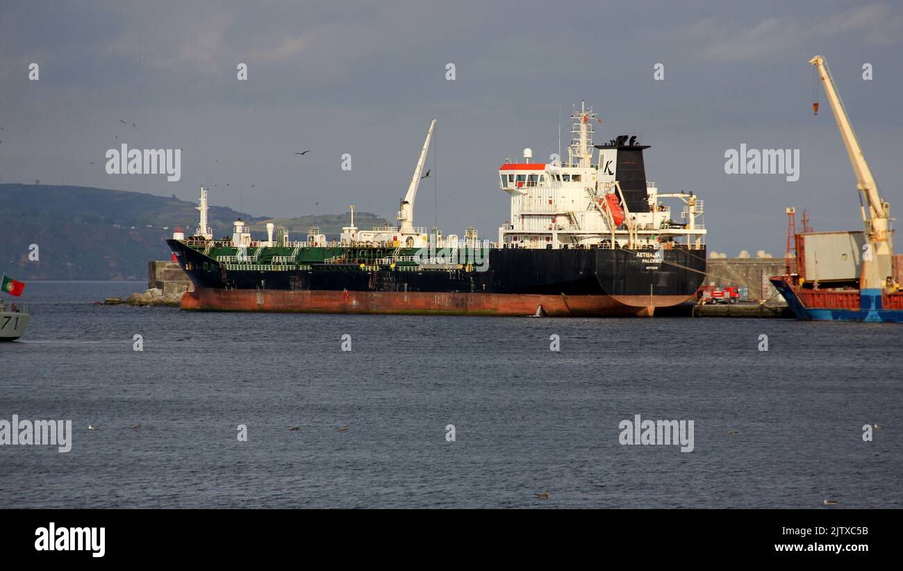 Oil-Chemical Tanker AETHALIA, moored in the port, at sunset hour, Ponta Delgada, Sao Miguel, Azores, Portugal Stock Photo