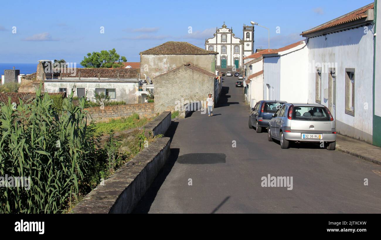 Village street leading to a church, Porto Formoso, Sao Miguel, Azores, Portugal Stock Photo