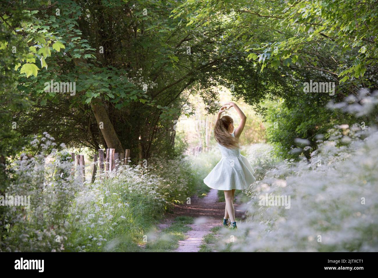 Girl performing a position (5th) of classical dance on a small country trail bordered by umbellifers on the edge of the forest, Eure-et-Loir Stock Photo