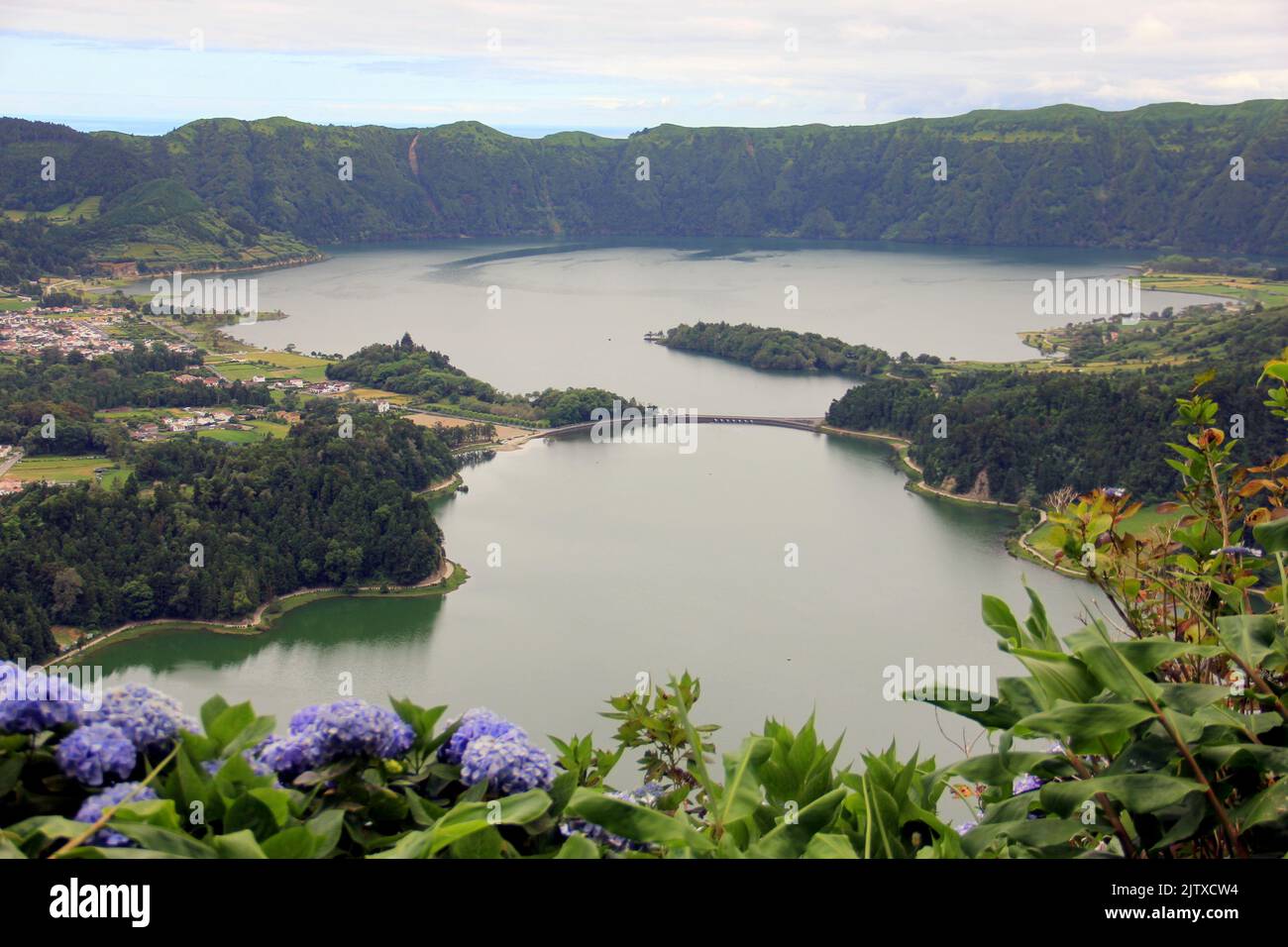 Sete Cidades, view from Southern point, Vista do Rei, Green Lake, Lagoa Verde, in the forefront, Sao Miguel Island, Azores, Portugal Stock Photo