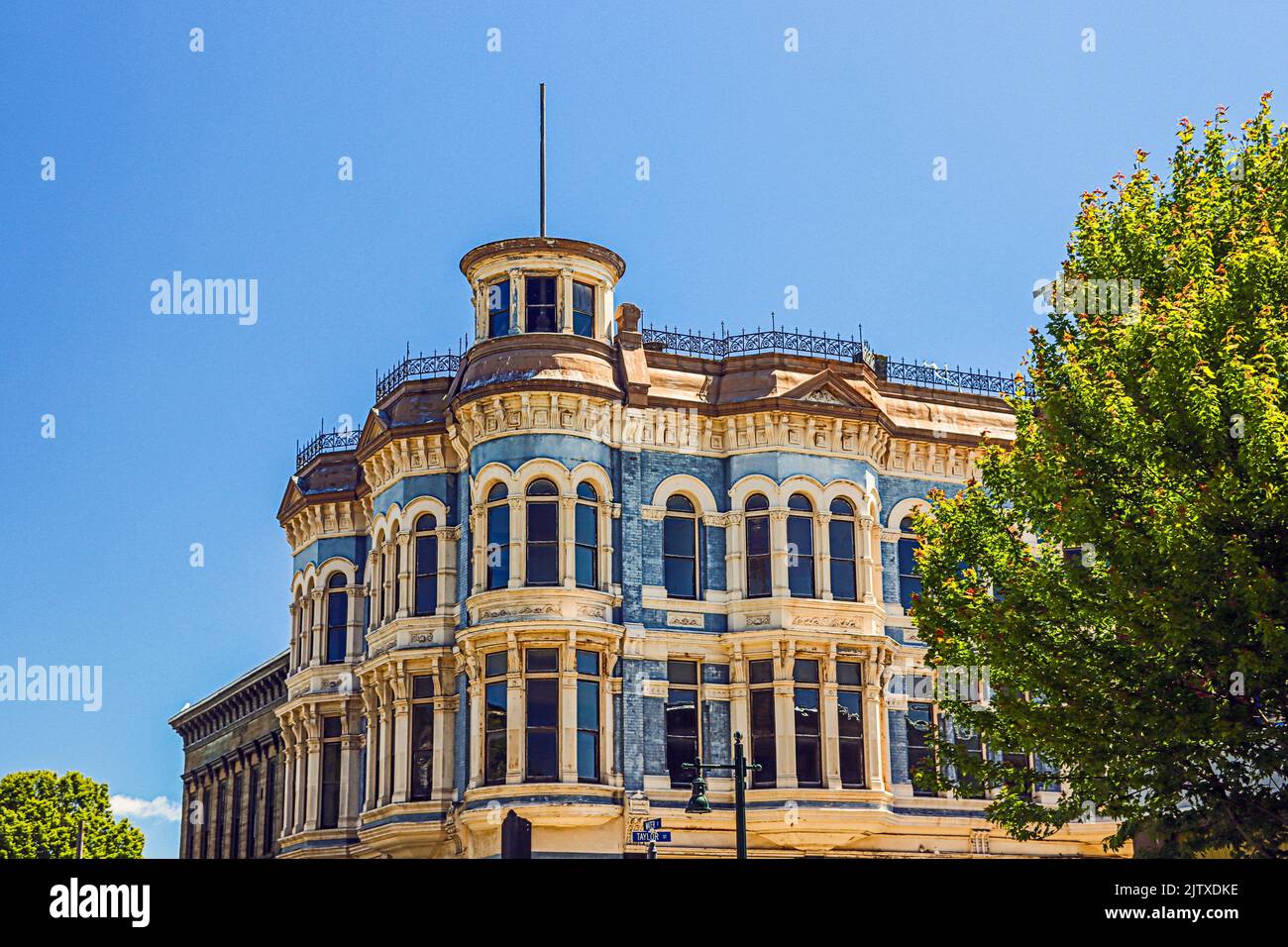 The Hastings Buildings in the historic downtown district of Port Townsend, Washington. A three-story Victorian structure built in 1889. Stock Photo