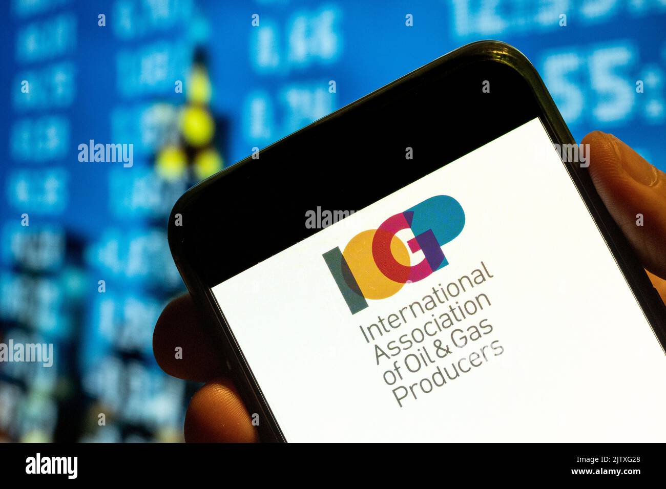 In this photo illustration, the International Association of Oil & Gas Producers (IOGP) logo is displayed on a smartphone screen. Stock Photo