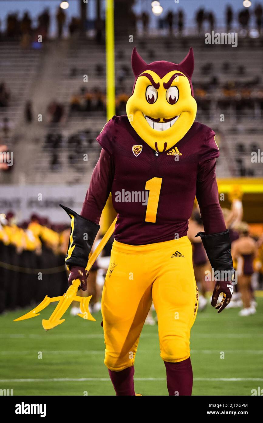Tempe, United 01st Sep, 2022. Arizona State mascot Sparky fires up the crowd before an NCAA college football game between Arizona State and Northern in Tempe, Arizona, Thursday, September 1,