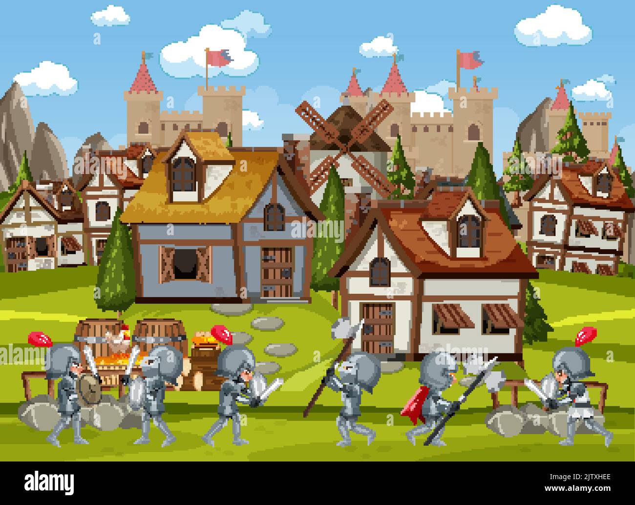 Medieval village scene castle background illustration Stock Vector ...