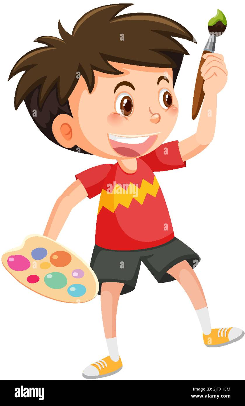Cute boy holding brush and colour palette illustration Stock Vector ...