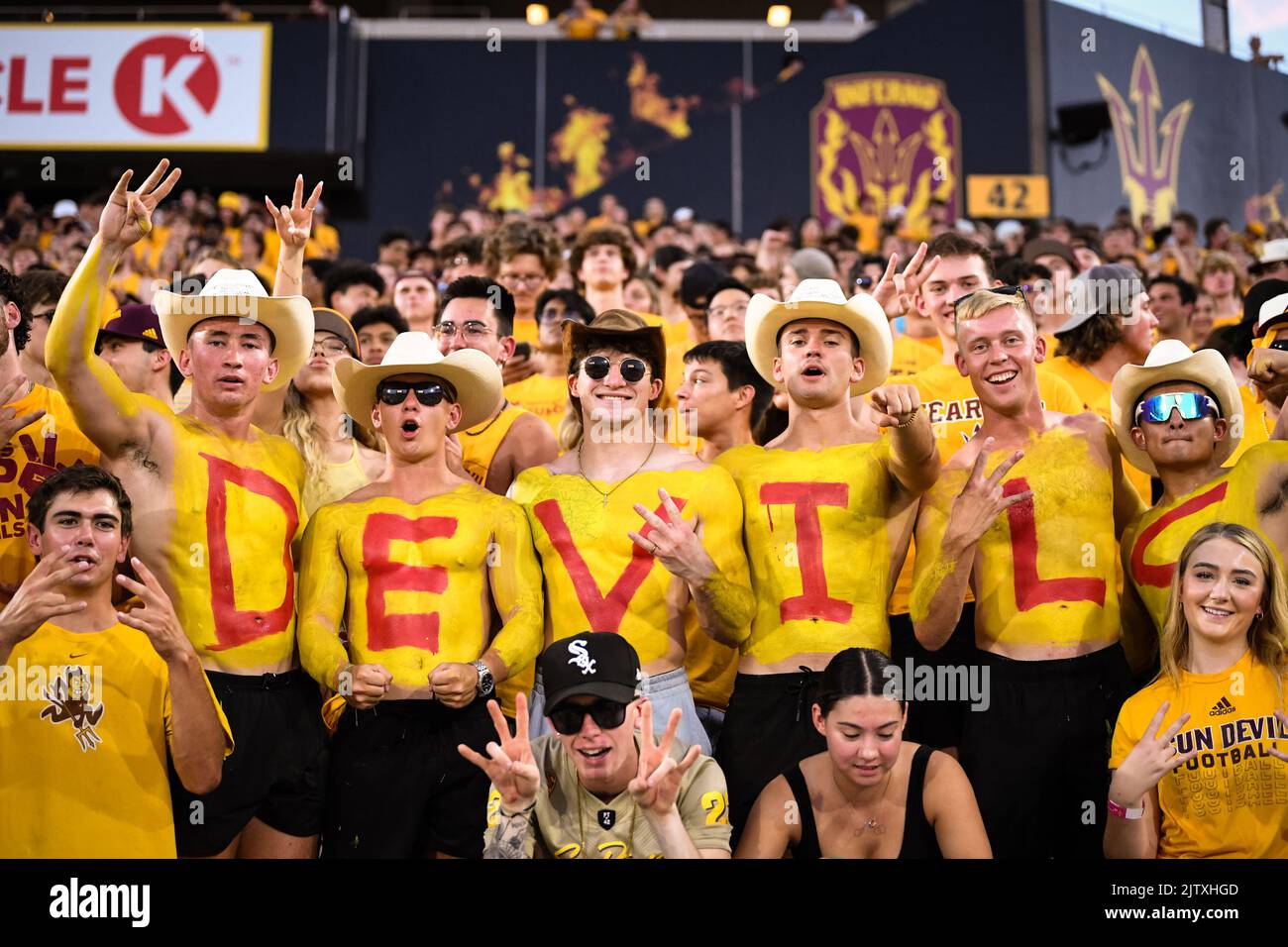 Arizona State student section before an NCAA college football game between Arizona State and Northern Arizona in Tempe, Arizona, Thursday, September 1 Stock Photo