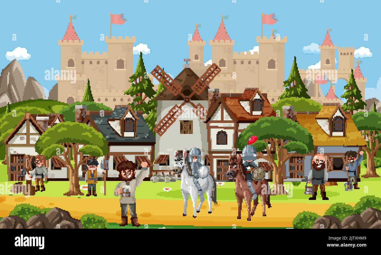 Medieval village scene castle background illustration Stock Vector ...