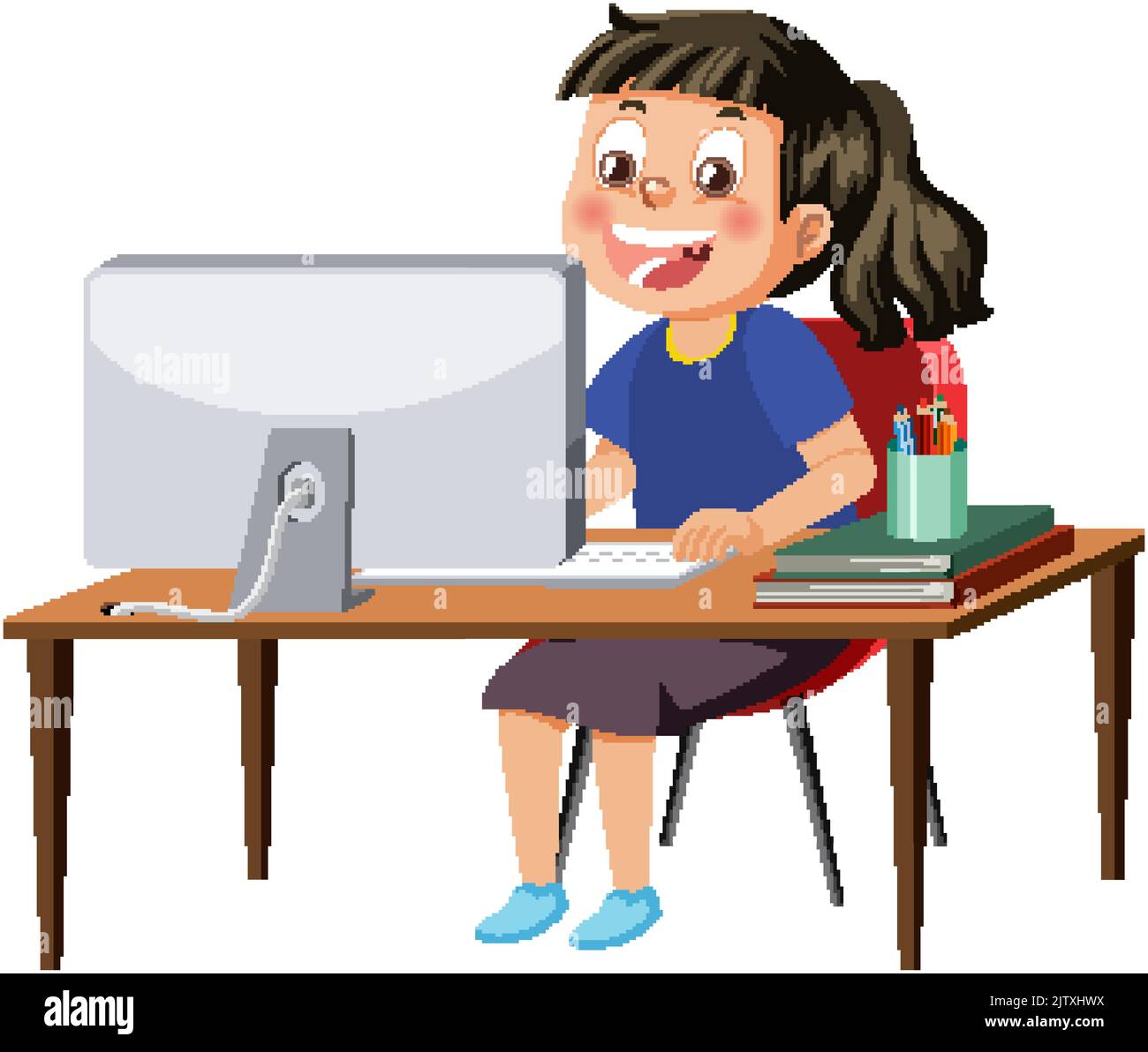 A girl sitting in front of computer illustration Stock Vector Image ...