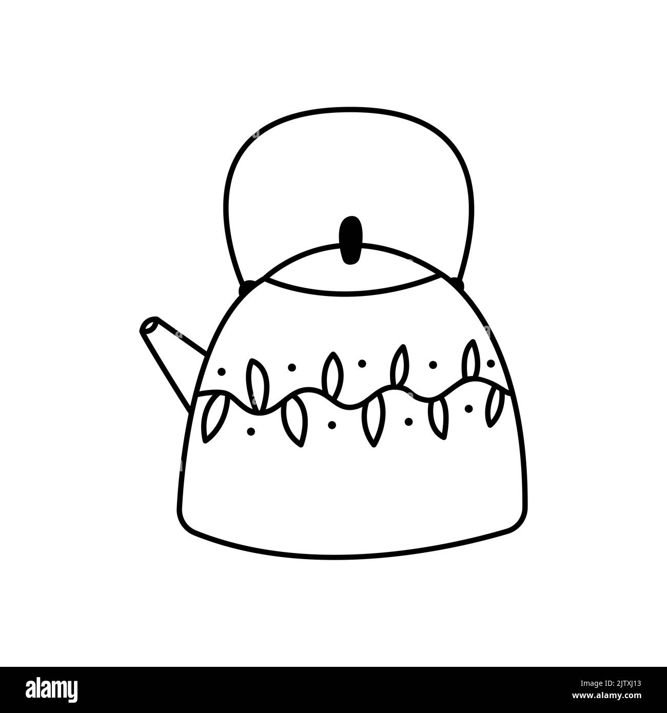 Teapot doodle linear. Cute kettle with patterns. Tea party element on a