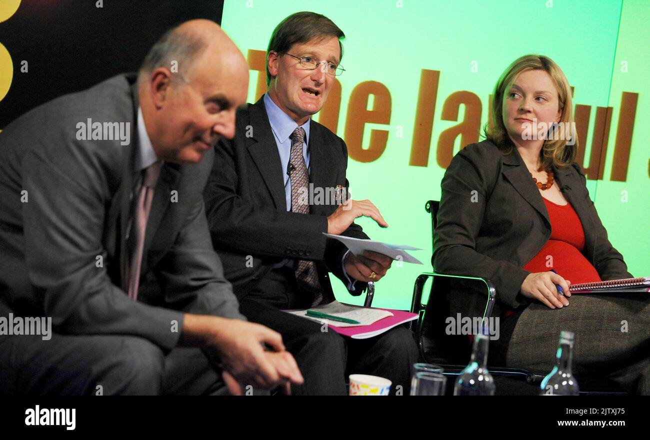 File photo dated 01/09/08 of the then Conservative Shadow Home Secretary Dominic Grieve speaking at the launch Reform's Lawful Society report on the nature of crime and the incentives in the criminal justice system in London, with Elizabeth Truss, Deputy Director of Reform looking on. In just a few days Britain will find out if Liz Truss or Rishi Sunak has been picked to be the new Conservative leader and the next Prime Minister. Issue date: Friday September 2, 2022. Stock Photo