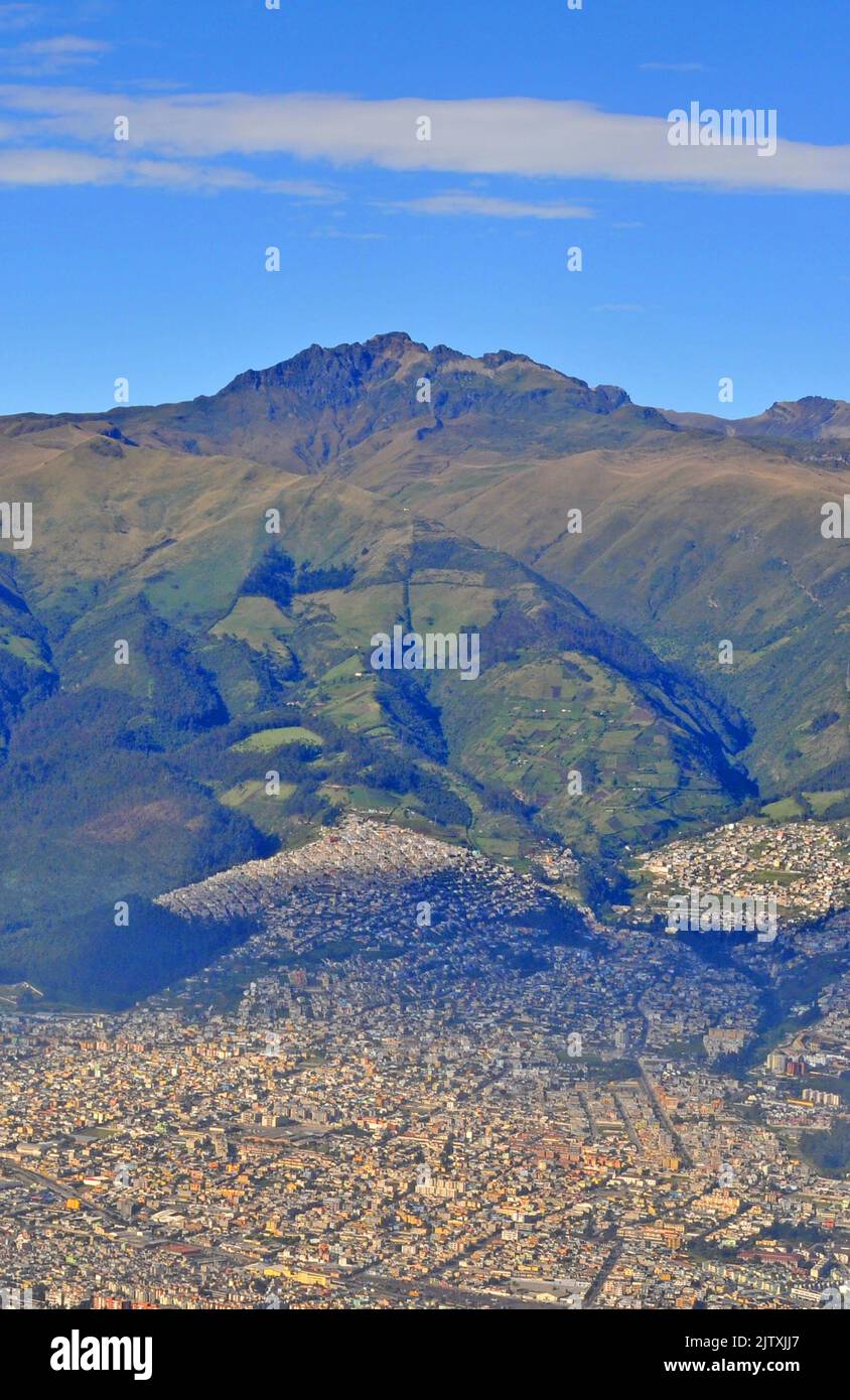 aerial view of Quito city and Pichincha volcano, Ecuador Stock Photo
