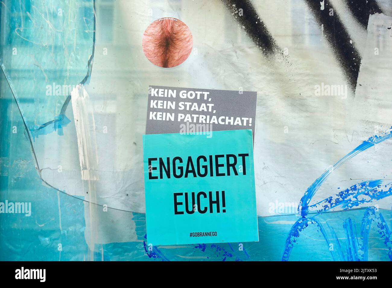 Get involved, no god, no state, no patriarchy, Sticker, Brandenburg an der Havel, Germany Stock Photo