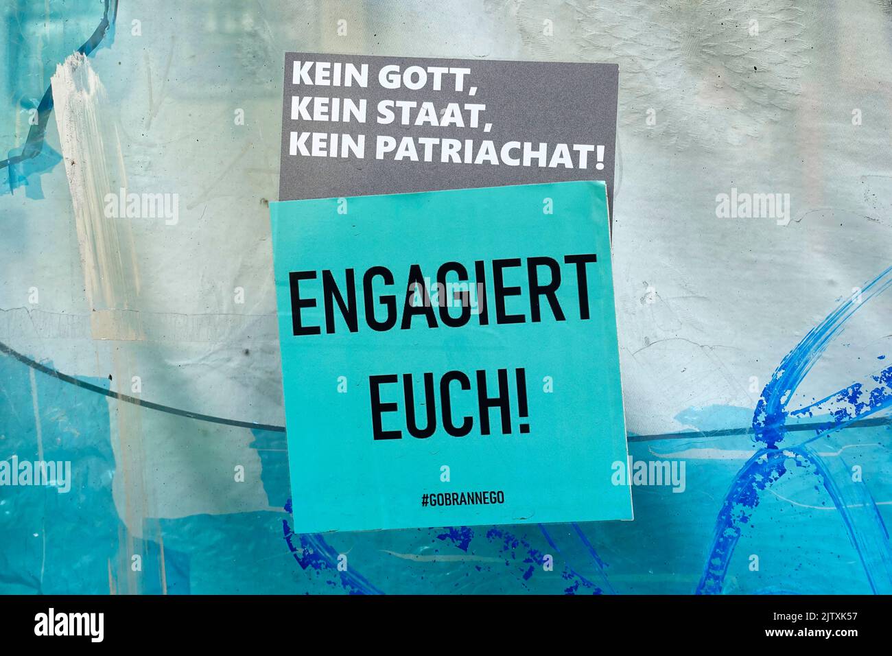 Get involved, no god, no state, no patriarchy, Sticker, Brandenburg an der Havel, Germany Stock Photo