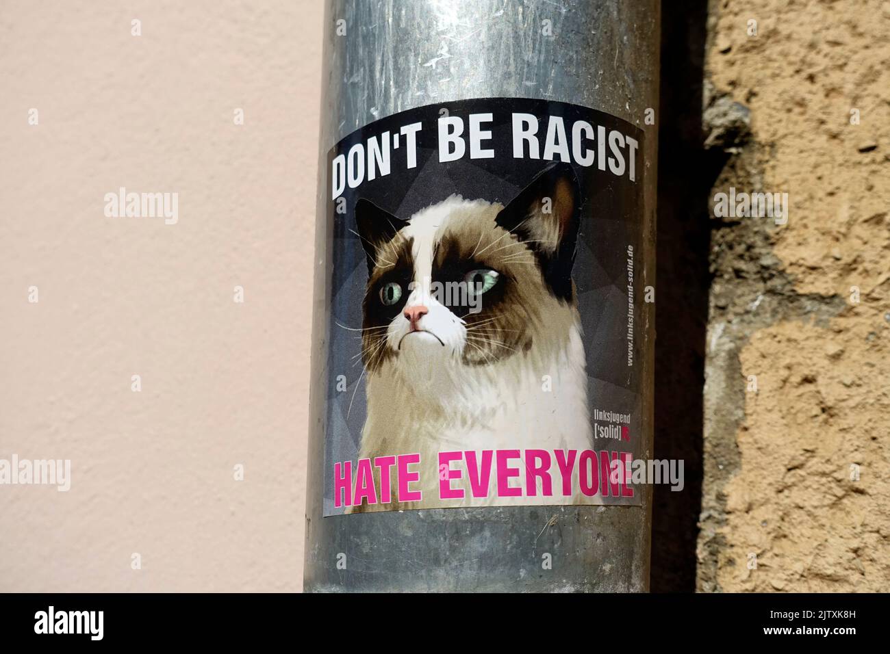 Sticker, don't be racist, hate everyone, Brandenburg an der Havel, Germany Stock Photo