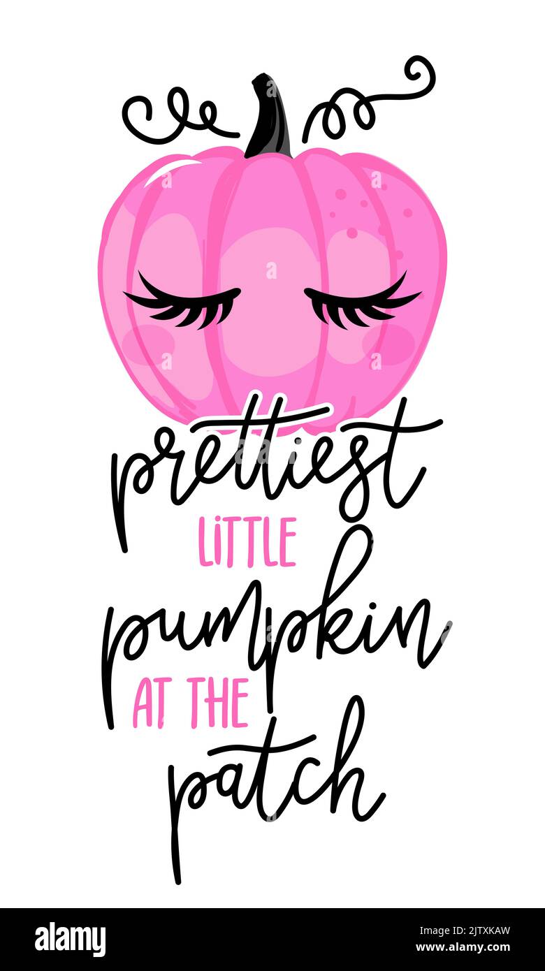 Prettiest little Pumpkin at the patch - hand drawn pink pumpkin with lashes and lettering phrase. Brush ink vector quote for banners, greeting card, p Stock Vector