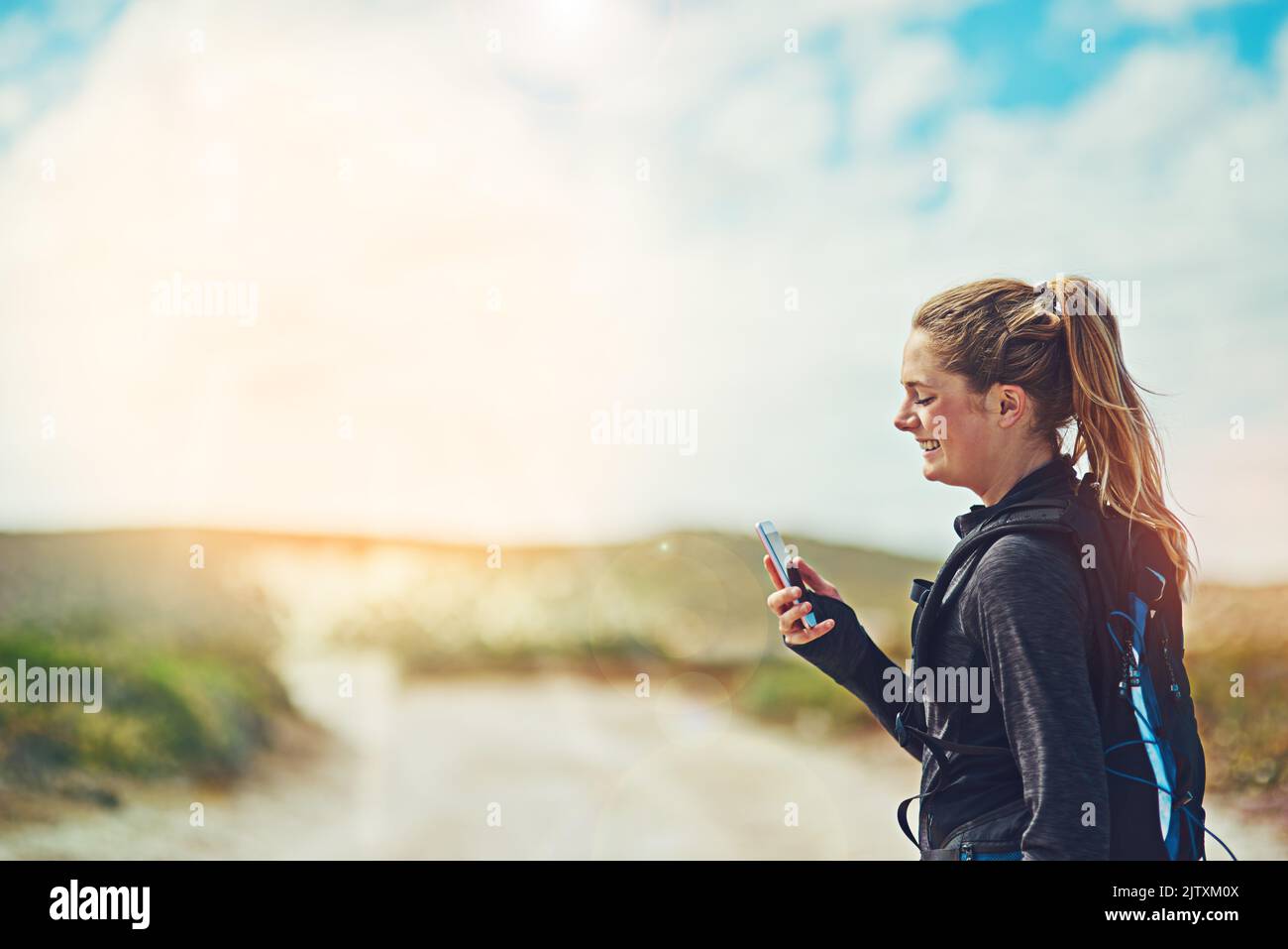 Before I begin let me first stay connected. Sports app, fitness program or software on phone with runner outside during exercise, run and jogging. Stock Photo