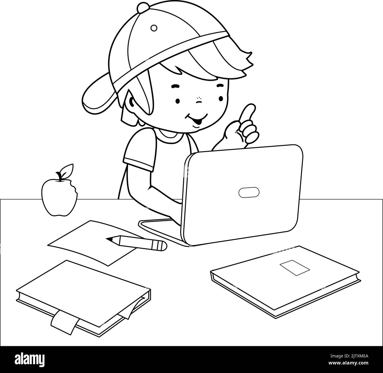 Boy doing his homework on the computer. Vector black and white coloring page Stock Vector