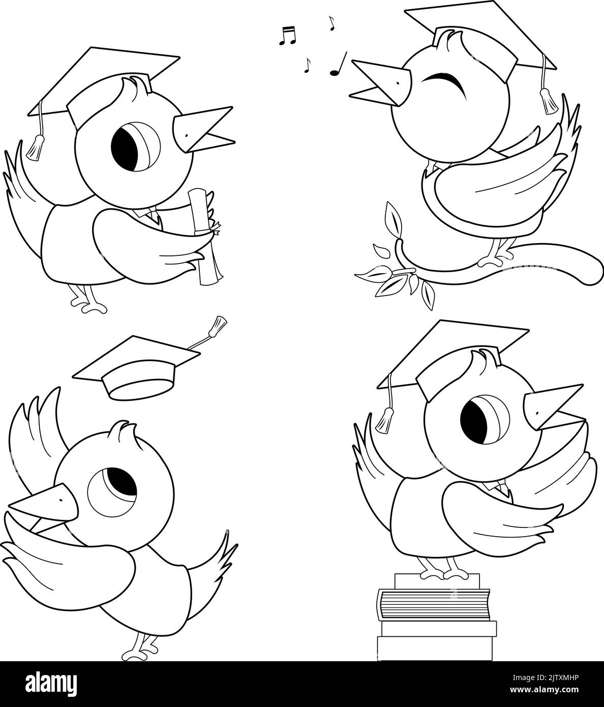 Birds with graduation hats and gowns. Vector black and white coloring page Stock Vector