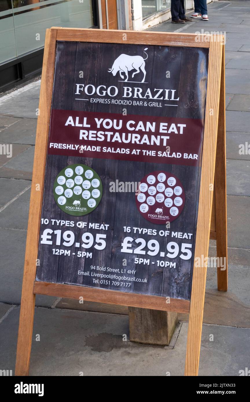 Fogo Brazil, a Brazil restaurant on Bold Street in Liverpool featuring a large selection of different meats Stock Photo