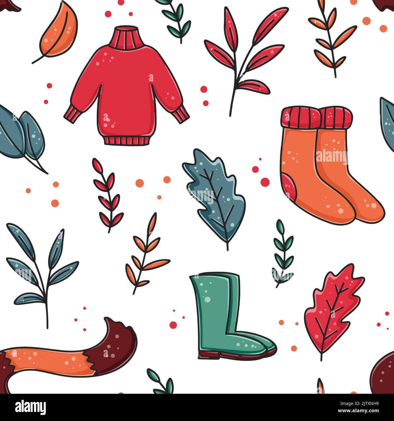 Warm knitted clothes and shoes seamless autumn pattern. Background with sweater, scarf, socks and boots. Fall print with foliage and wardrobe items Stock Vector