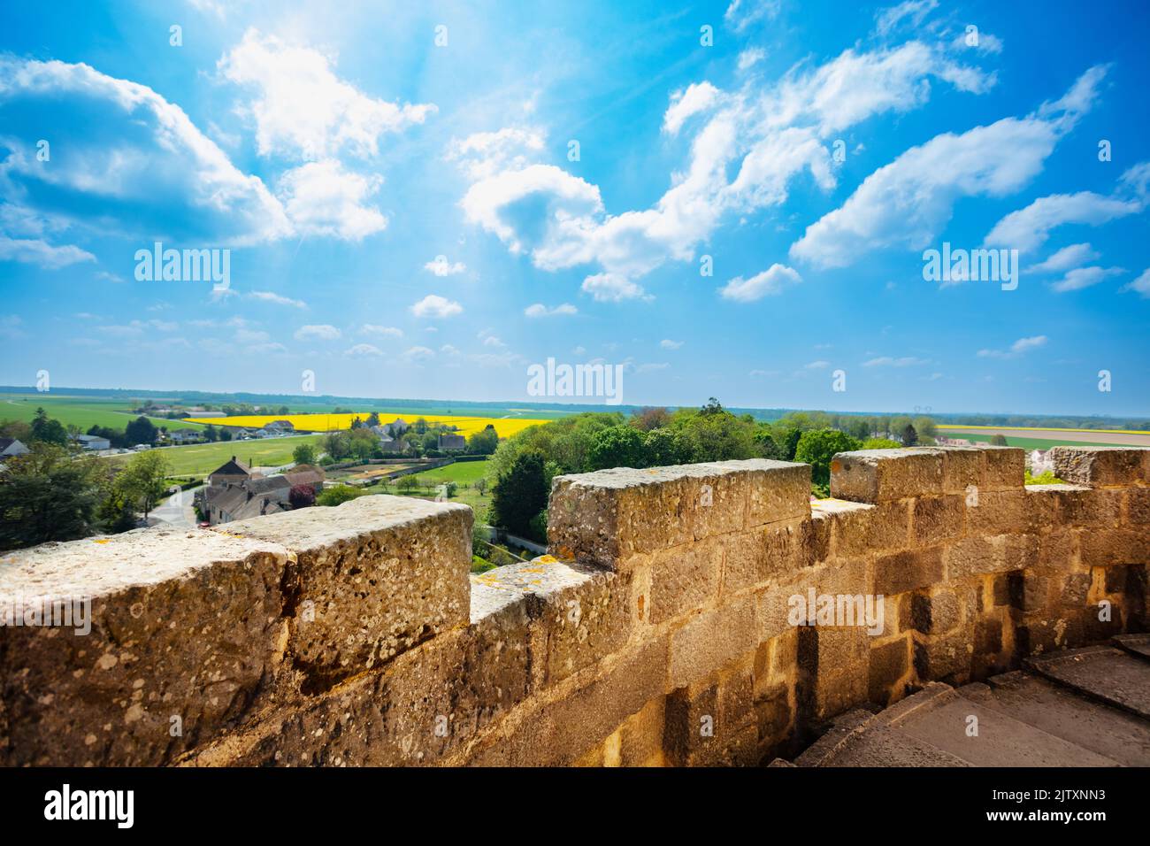 View from castle tower over surrounding fields Blandy, France Stock Photo