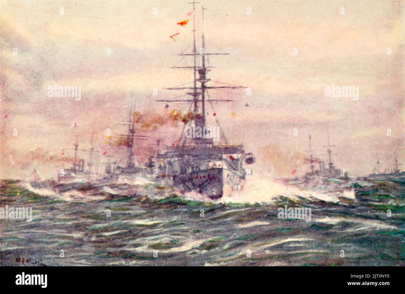 BATTLESHIPS OF THE WHITE ERA AT SEA from pictures by William Lionel Wyllie in the book ' The British battle fleet; its inception and growth throughout the centuries to the present day ' Stock Photo