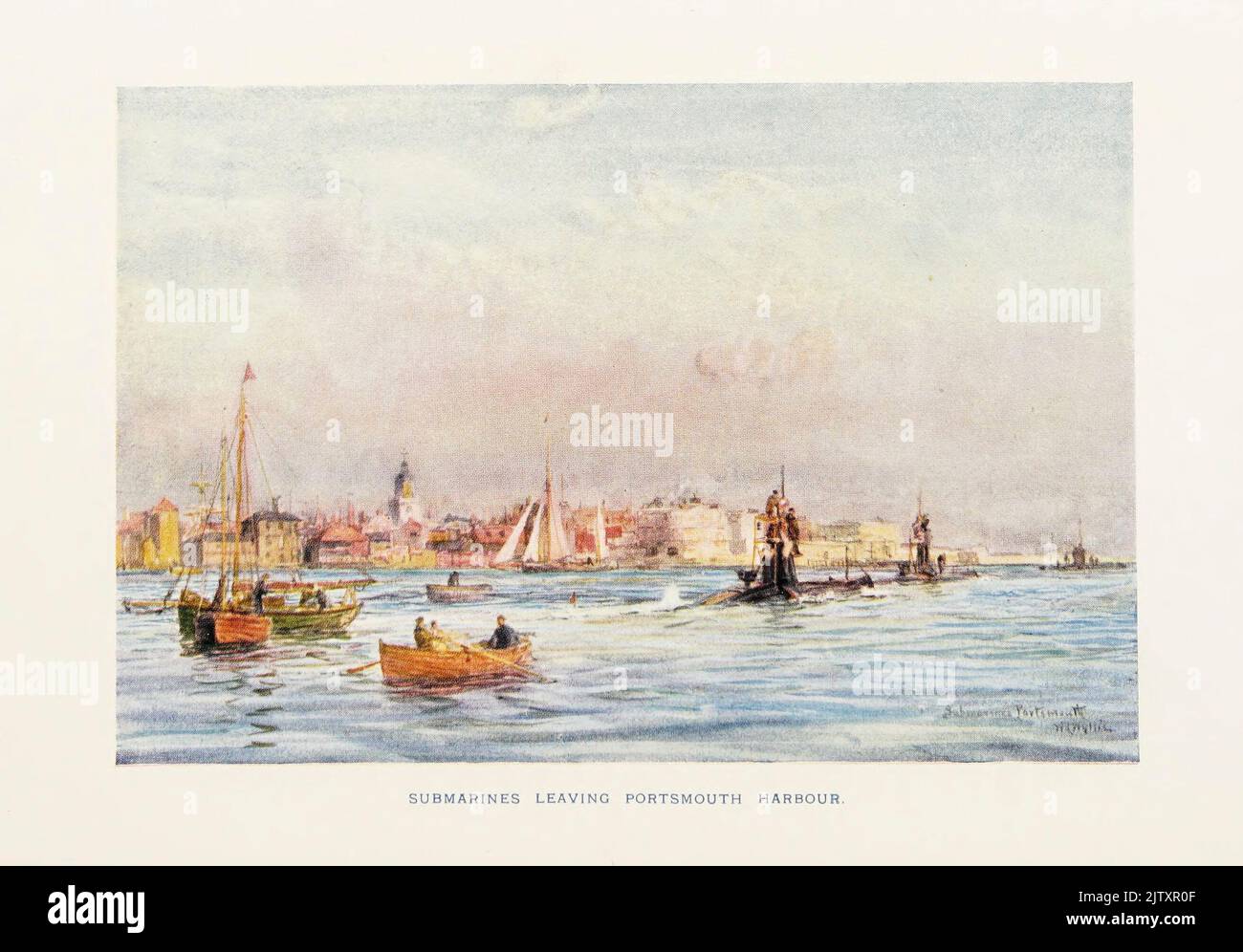 SUBMARINES LEAVING PORTSMOUTH HARBOUR from pictures by William Lionel Wyllie in the book ' The British battle fleet : its inception and growth throughout the centuries to the present day ' Volume 2 by Jane, Fred T., 1865-1916 Publication date 1915 Stock Photo