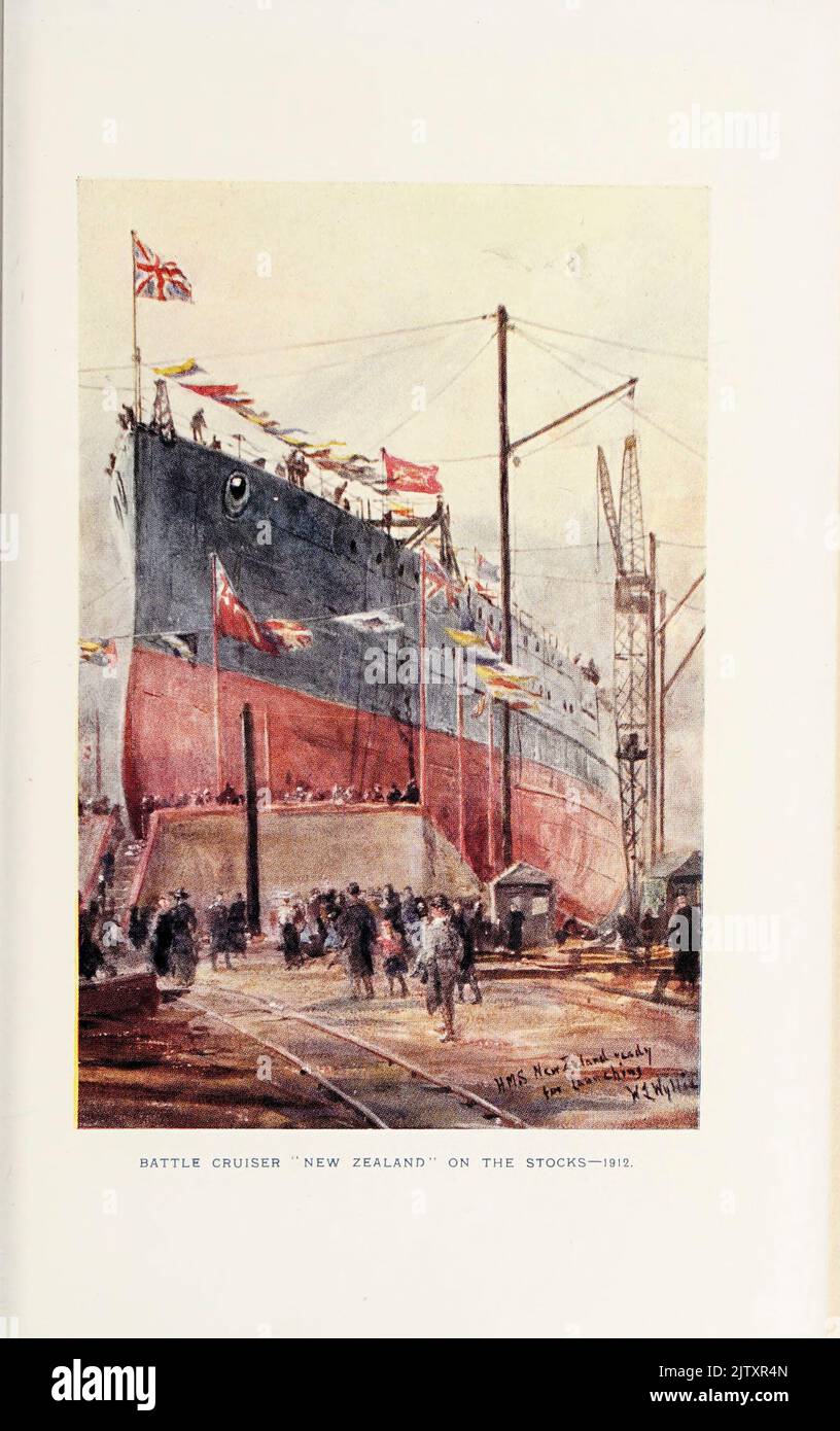 BATTLE CRUISER “NEW ZEALAND” ON THE STOCKS 1912 from pictures by William Lionel Wyllie in the book ' The British battle fleet : its inception and growth throughout the centuries to the present day ' Volume 2 by Jane, Fred T., 1865-1916 Publication date 1915 Stock Photo