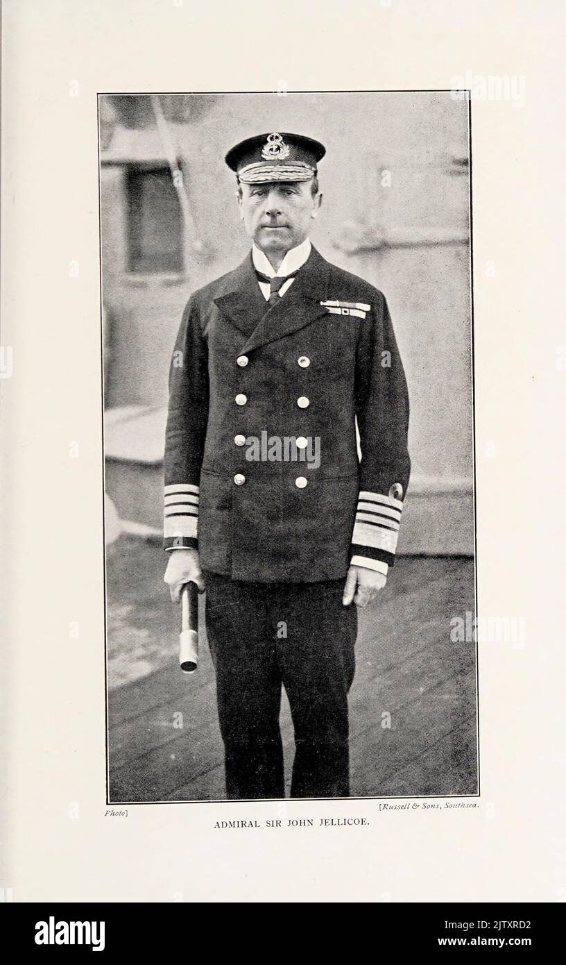 Admiral of the Fleet John Rushworth Jellicoe, 1st Earl Jellicoe, GCB, OM, GCVO, DL (5 December 1859 – 20 November 1935) was a Royal Navy officer. He fought in the Anglo-Egyptian War and the Boxer Rebellion and commanded the Grand Fleet at the Battle of Jutland in May 1916 during the First World War. from the book ' The British battle fleet : its inception and growth throughout the centuries to the present day ' Volume 2 by Jane, Fred T., 1865-1916 Publication date 1915 Stock Photo