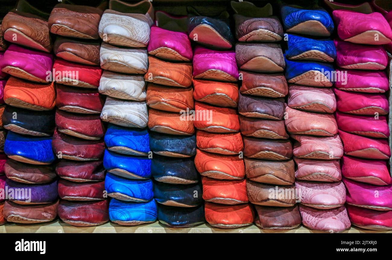 Traditional moroccan shoes Soft leather Moroccan slippers in the Souk, Faz, Morocco, North Africa Stock Photo