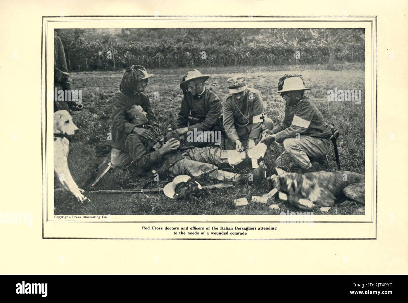 Red Cross Doctors, Medics and Officers of the Italian Bersaglieri attending to the needs of a Wounded Comrade from the book The story of the great war; the complete historical records of events to date DIPLOMATIC AND STATE PAPERS by Reynolds, Francis Joseph, 1867-1937; Churchill, Allen Leon; Miller, Francis Trevelyan, 1877-1959; Wood, Leonard, 1860-1927; Knight, Austin Melvin, 1854-1927; Palmer, Frederick, 1873-1958; Simonds, Frank Herbert, 1878-; Ruhl, Arthur Brown, 1876-  Published 1920 Stock Photo