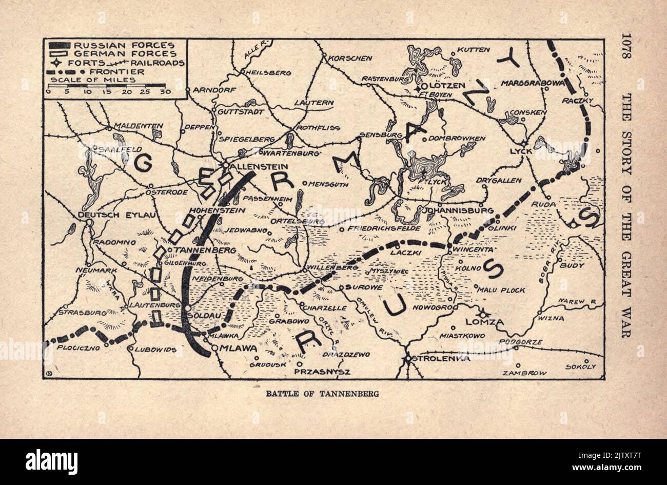 Map of the BATTLE OF TANNENBERG from the book The story of the great war; the complete historical records of events to date DIPLOMATIC AND STATE PAPERS by Reynolds, Francis Joseph, 1867-1937; Churchill, Allen Leon; Miller, Francis Trevelyan, 1877-1959; Wood, Leonard, 1860-1927; Knight, Austin Melvin, 1854-1927; Palmer, Frederick, 1873-1958; Simonds, Frank Herbert, 1878-; Ruhl, Arthur Brown, 1876-  Published 1920 Stock Photo