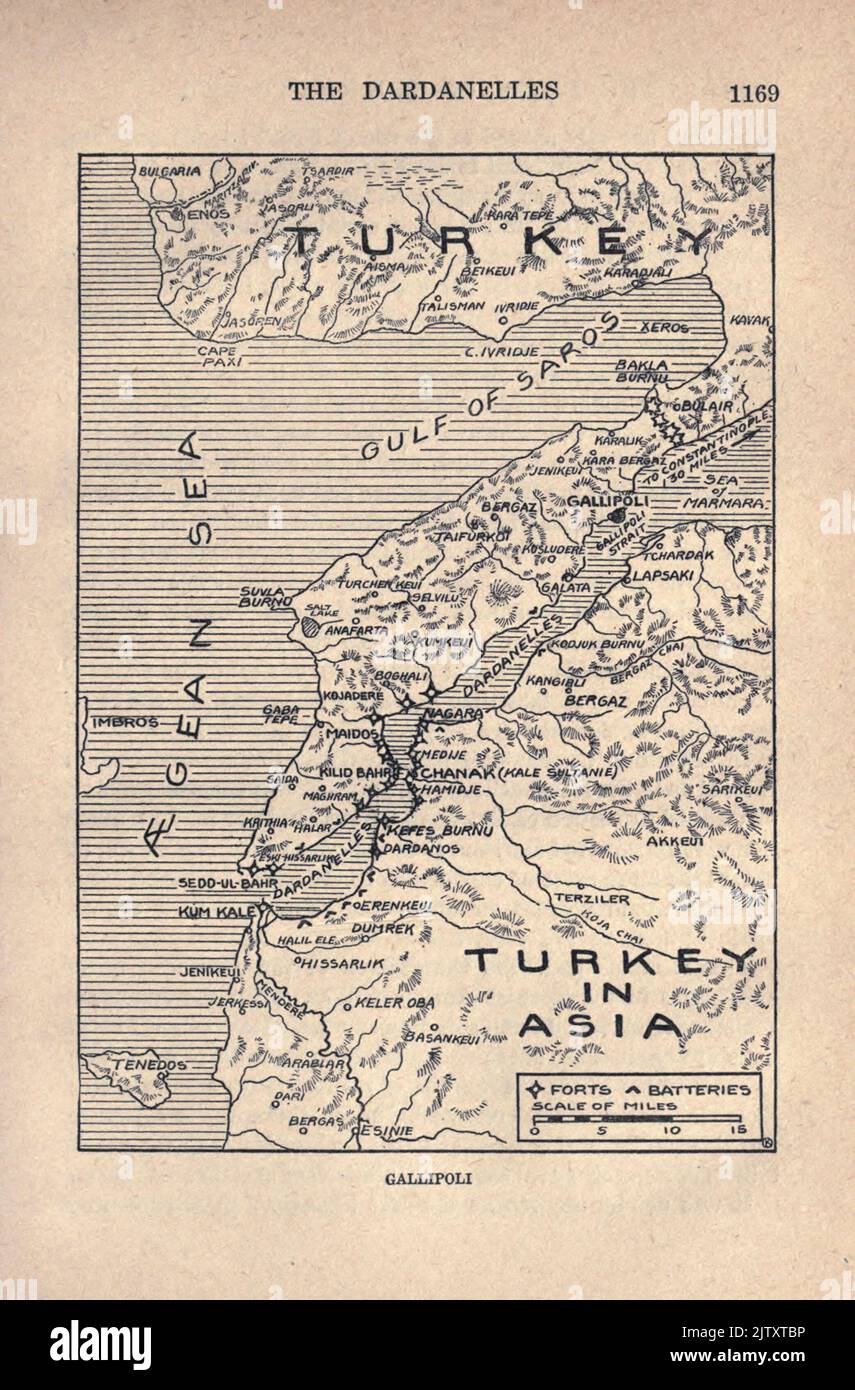 Map of Gallipoli from the book The story of the great war; the complete historical records of events to date DIPLOMATIC AND STATE PAPERS by Reynolds, Francis Joseph, 1867-1937; Churchill, Allen Leon; Miller, Francis Trevelyan, 1877-1959; Wood, Leonard, 1860-1927; Knight, Austin Melvin, 1854-1927; Palmer, Frederick, 1873-1958; Simonds, Frank Herbert, 1878-; Ruhl, Arthur Brown, 1876-  Published 1920 Stock Photo