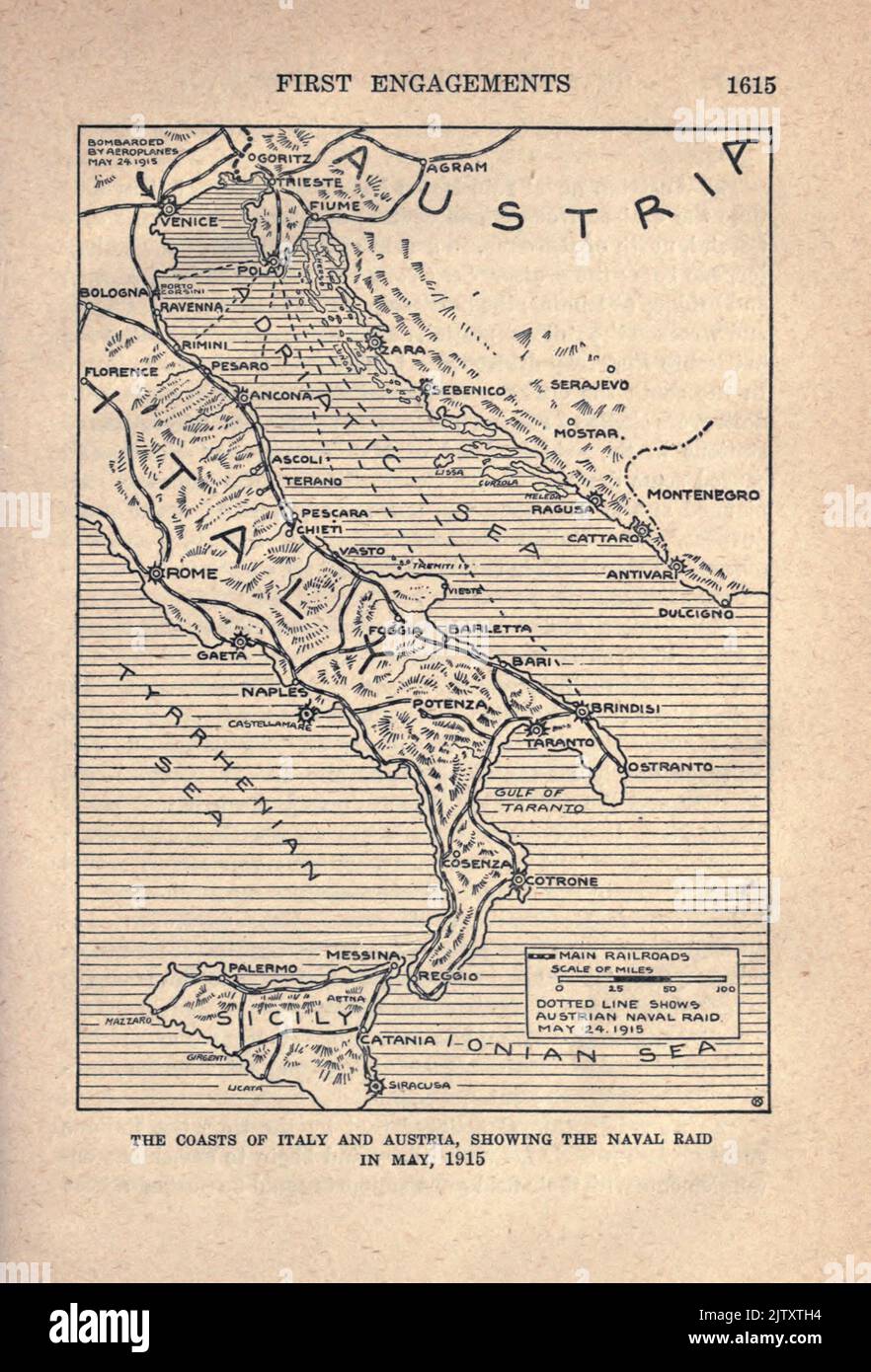 COASTS OF ITALY AND AUSTRIA, SHOWING THE NAVAL RAID IN MAY, 1915 from the book The story of the great war; the complete historical records of events to date DIPLOMATIC AND STATE PAPERS by Reynolds, Francis Joseph, 1867-1937; Churchill, Allen Leon; Miller, Francis Trevelyan, 1877-1959; Wood, Leonard, 1860-1927; Knight, Austin Melvin, 1854-1927; Palmer, Frederick, 1873-1958; Simonds, Frank Herbert, 1878-; Ruhl, Arthur Brown, 1876-  Published 1920 Stock Photo