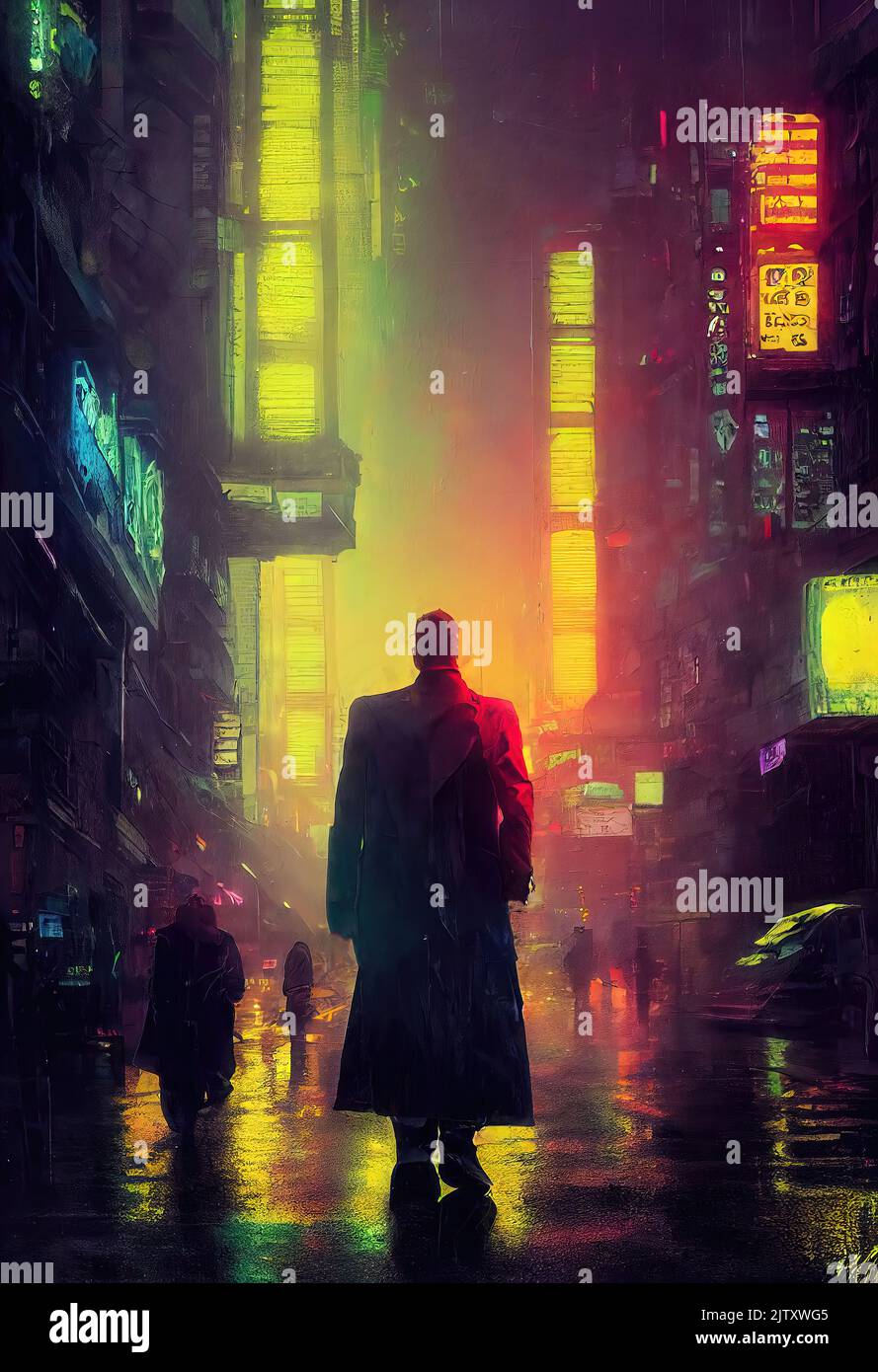 Cyberpunk streets, futuristic city, wallpaper, rain, foggy, dystopia, moody  empty future, art illustration Stock Illustration
