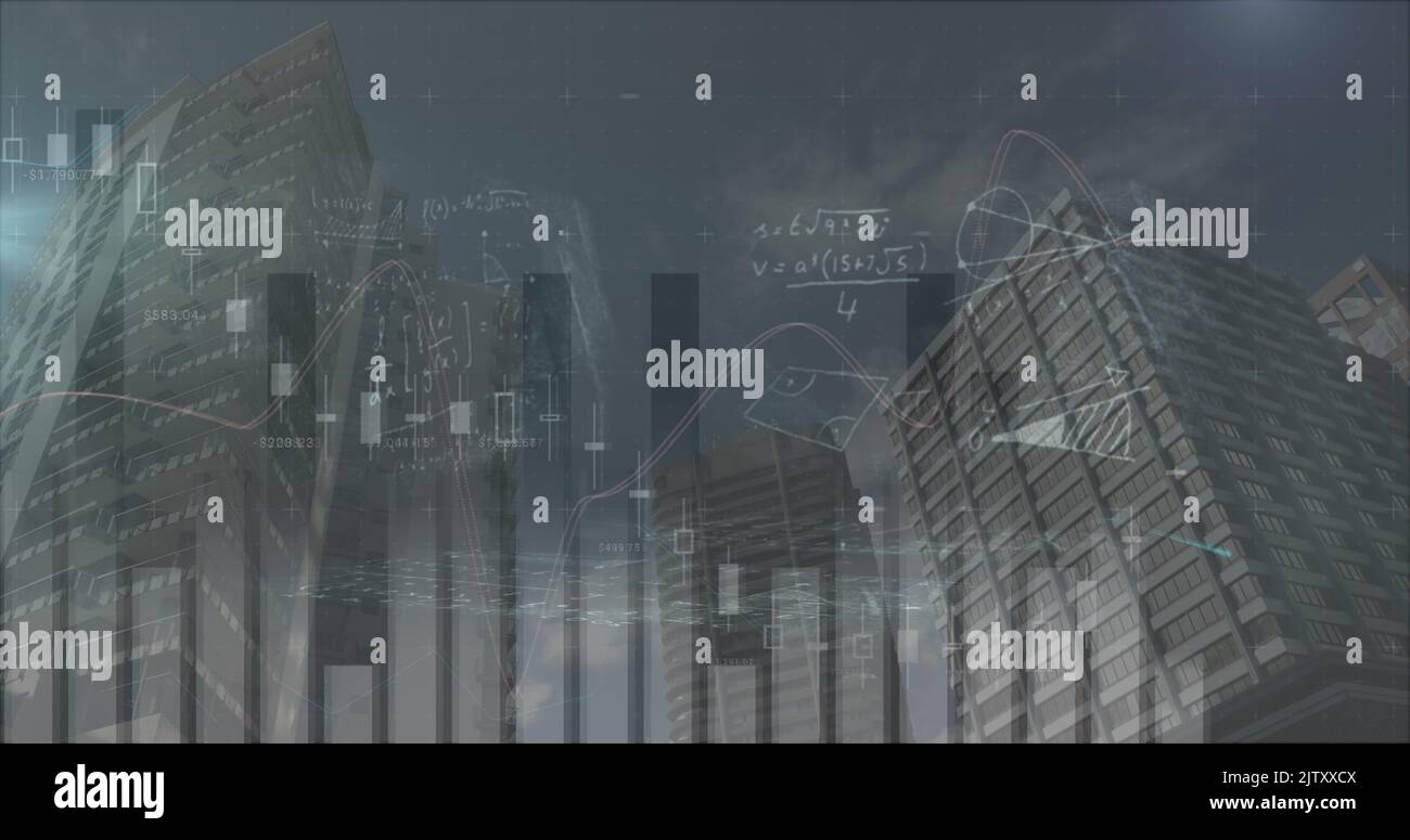 Image of statistics processing and mathematical equations over cityscape Stock Photo