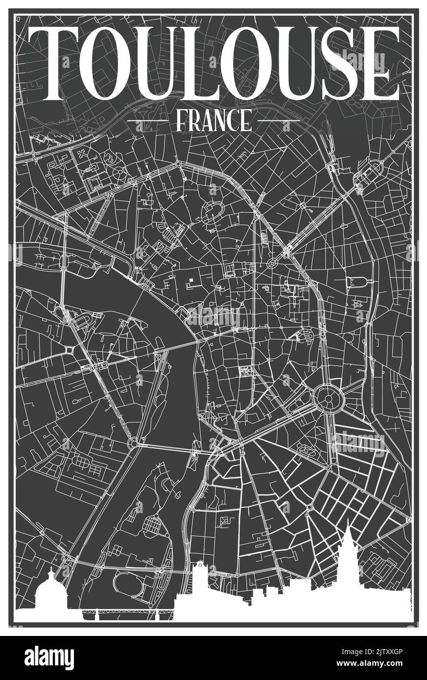 Dark printout city poster with panoramic skyline and hand-drawn streets network on dark gray background of the downtown TOULOUSE, FRANCE Stock Vector