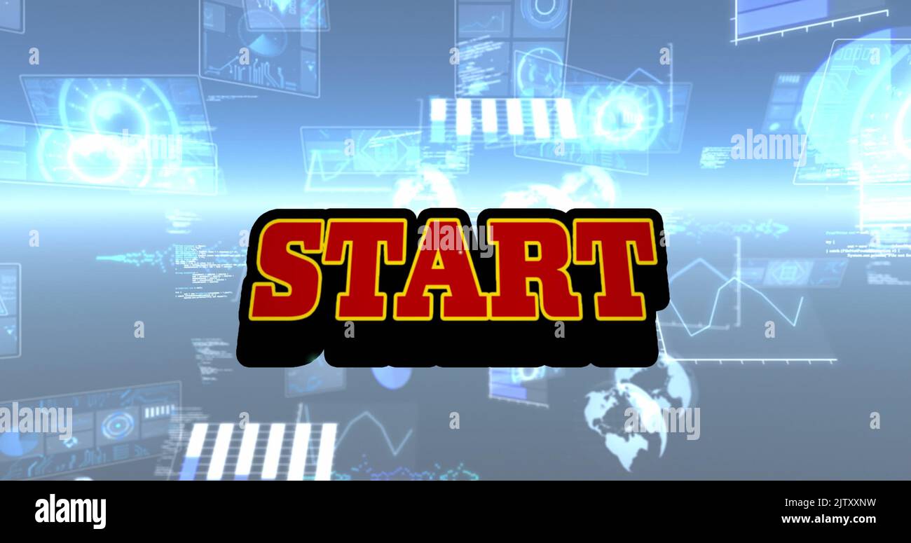 Image of start text and data processing on black background Stock Photo