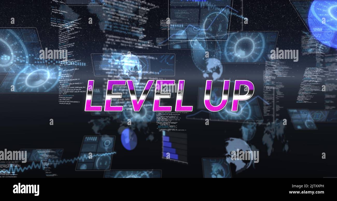 Image of level up text and data processing on black background Stock ...