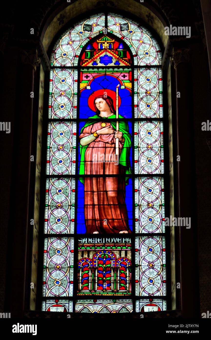 Saint Geneviève- Stained glass windows of Abbaye de Saint-Germain-des-Prés - Paris Stock Photo