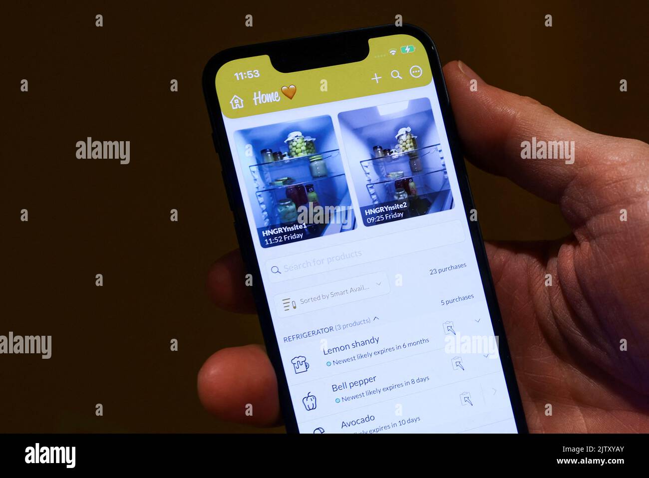 The HNGRY intelligent shopping list app, that uses data from a camera inside a Liebherr fridge, is displayed on a screen at the international consumer technology fair IFA in Berlin, Germany September 2, 2022. REUTERS/Lisi Niesner Stock Photo